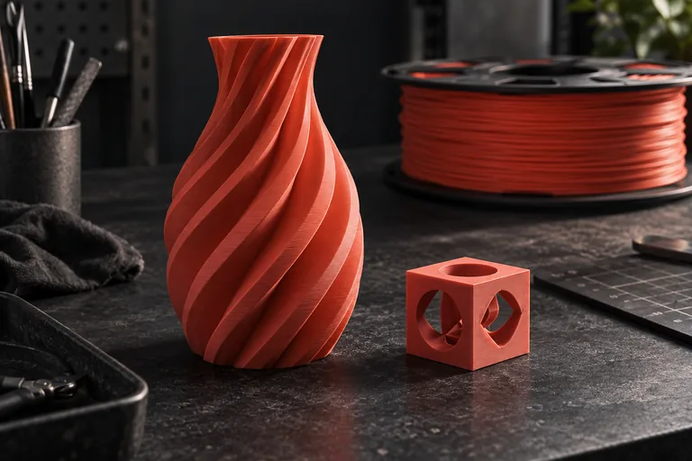 A spiral-shaped 3D print and geometric sample on a dark workbench.